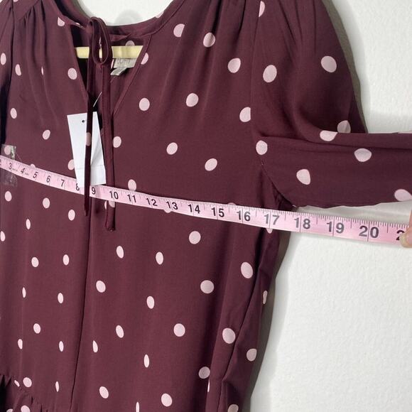 Loft Burgundy Plum & Pink Polka Dot Tie Neck Ruffle Hem Long Sleeve Blouse XXS - Picture 9 of 11